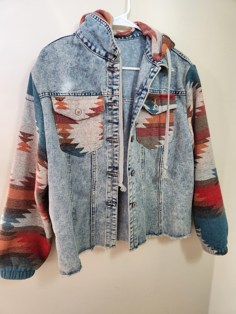 SHEIN Light Wash Denim Jacket with Southwestern Knit Hood and Sleeves